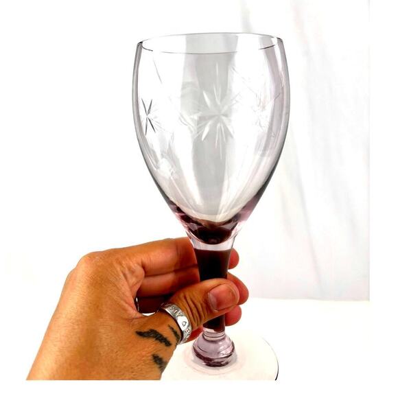 VTG Clear Purple Mid Century Barware Starburst Wine Glasses Set of 2 1970s - Picture 5 of 16